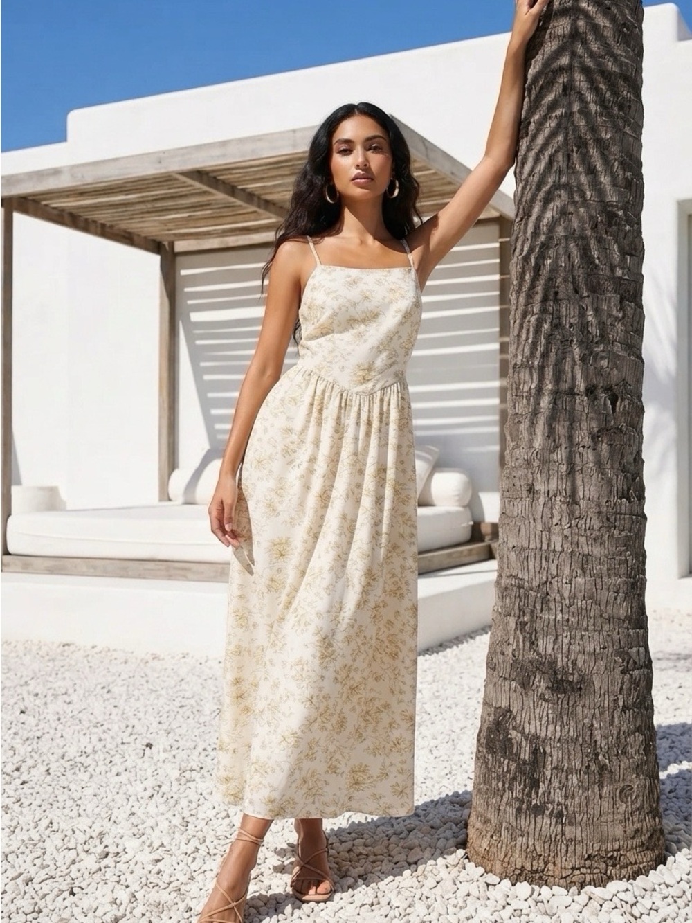 Japna Cream Midi  Dress with Gold Floral Print